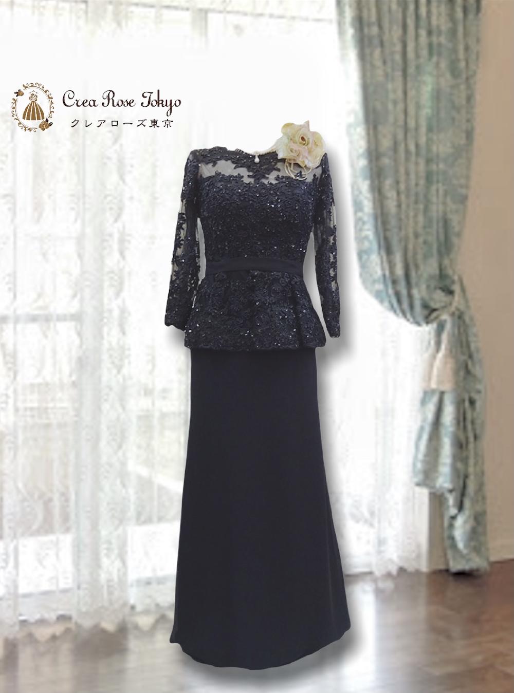 9号 【ヴェロニカ】ビーズが美しいブラックペプラムマザーズドレス 。上品な透け感で女性らしさを演出します。画像