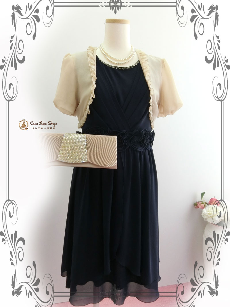 [ネイビーグロー]ウエストのお花がポイントのネイビードレス