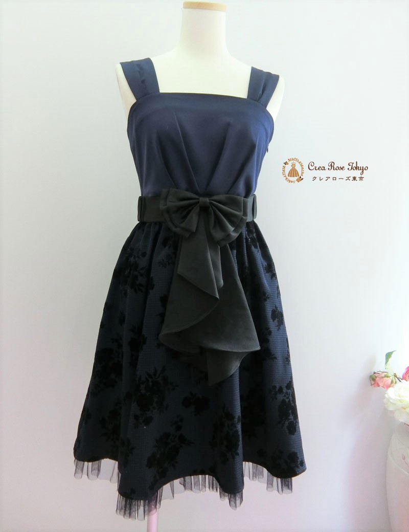 [ロマネスクココ]前も後ろもリボンがかわいいネイビードレス