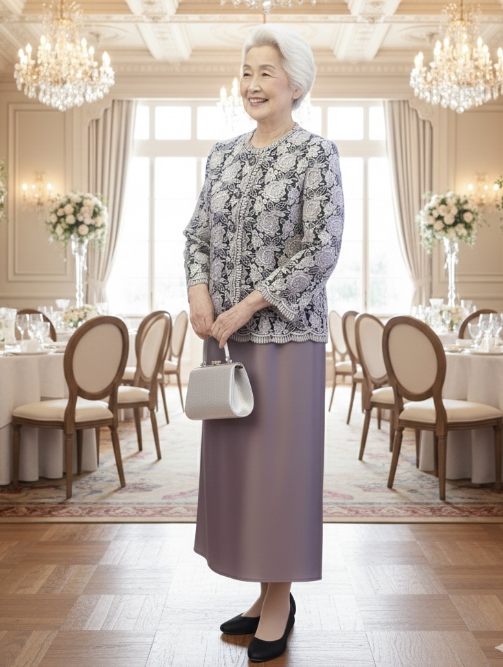 人気パープルカラー11〜13号のおばあさま、気品漂う祖母様のフォーマルドレス【サンテパープルドレス+マスケラードソフトピンクジャケット】親族結婚式叔母様のドレスにも