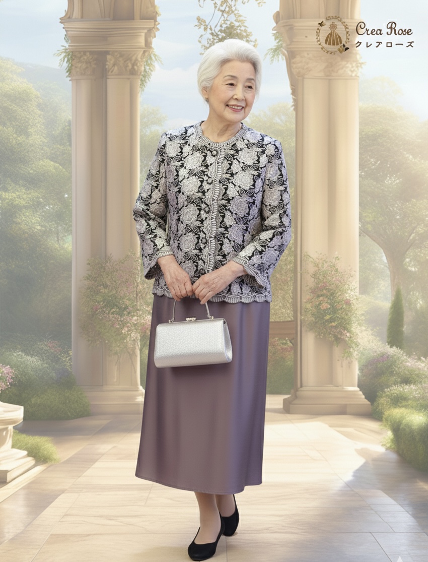 人気パープルカラー11〜13号のおばあさま、気品漂う祖母様のフォーマルドレス【サンテパープルドレス+マスケラードソフトピンクジャケット】親族結婚式叔母様のドレスにも