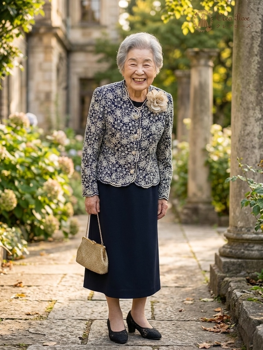 9号、低身長で小柄な祖母様のフォーマルコーディネート【サンテクワイエ+マグリアネイビージャケット】70代、80代、90代♪レンタルドレス横浜