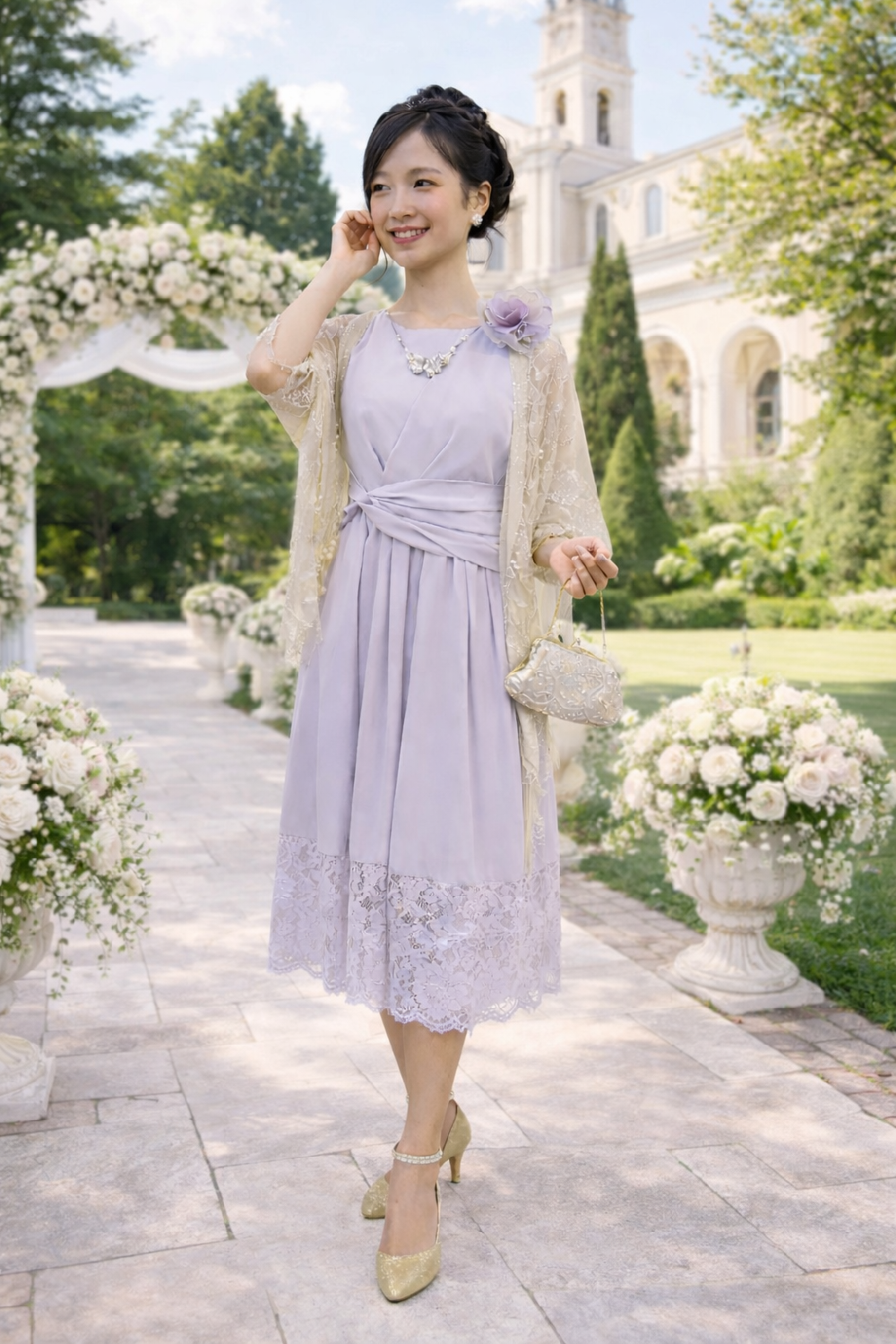 9〜11号の方、淡いパープルのミディアムドレスと黄金のショールで神秘的な美・付属ネックレスとの3点セット【パープリッシュドレス＋ジュディショールゴールド】30〜40代の方の発表会やパーティーに