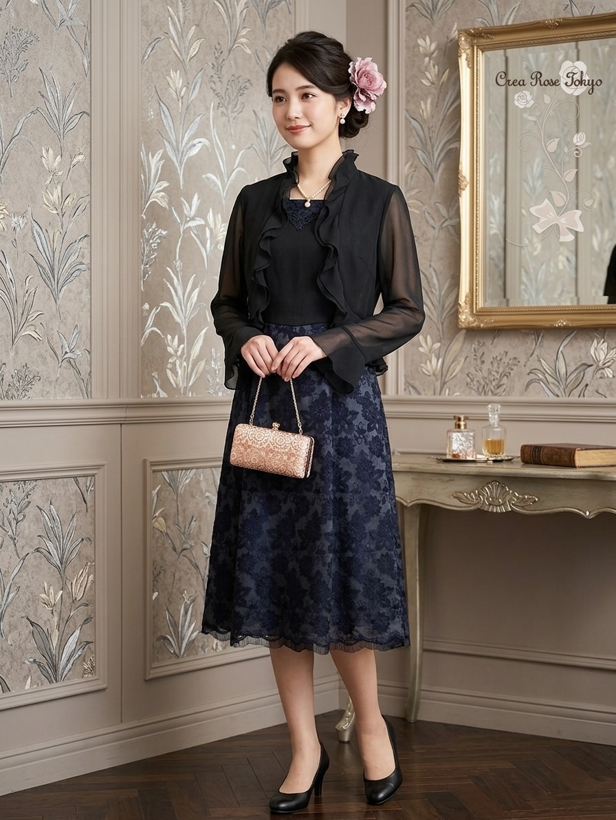 スカート部分の刺繍がエレガントに揺れるブラックドレスと程よいシースルーの10分袖ボレロとのセット【ルナティールドレス＋マリコオーガンジーボレロ】結婚式に参列するご親族やミセスのパーティーに