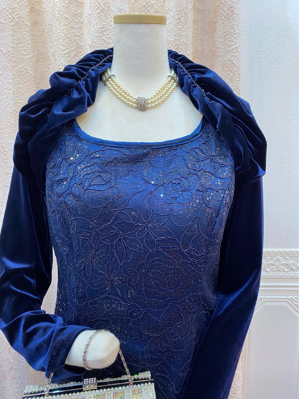 【ロイヤルゲランドレス＋ガブリエル・ベロアボレロ】胸元がすっきりとしたドレスでスタイルアップ・人気のネイビードレス・結婚式やパティーに