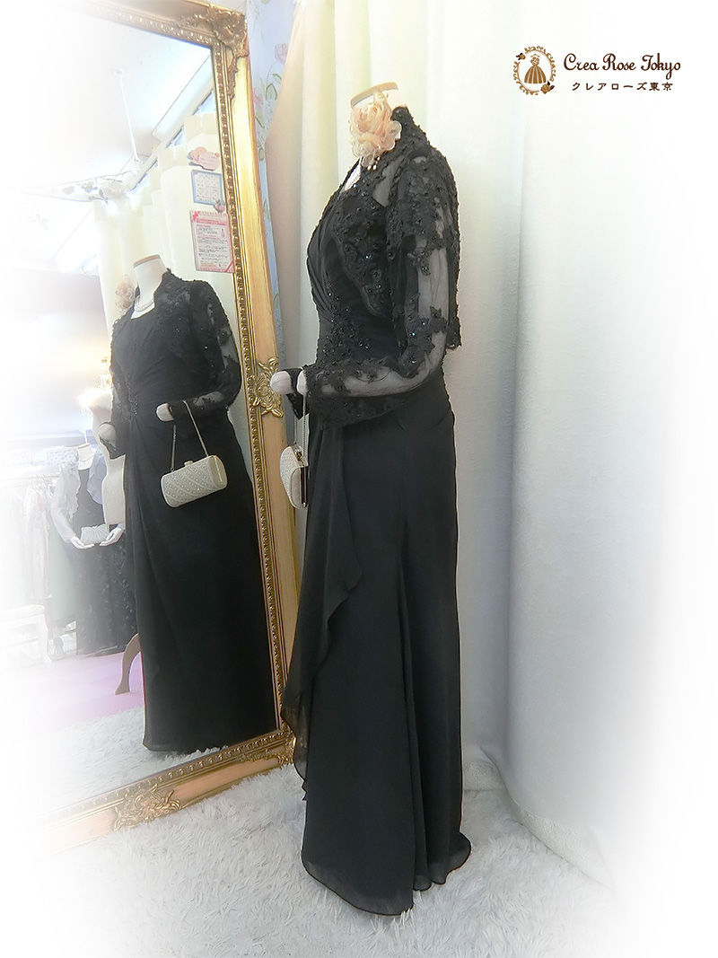 ジョーゼットドレス11号、2点セット！【グリセルダドレス＋グリセルダボレロジャケット】優雅な印象のブラックドレス