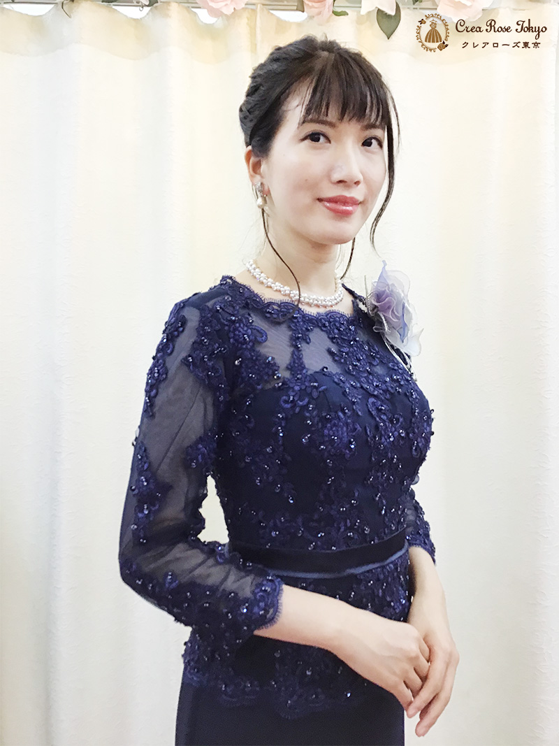 7号 輝くビジューが美しいスレンダーフォルム【ヴェロニカネイビー】40～60代のミセスの結婚式に