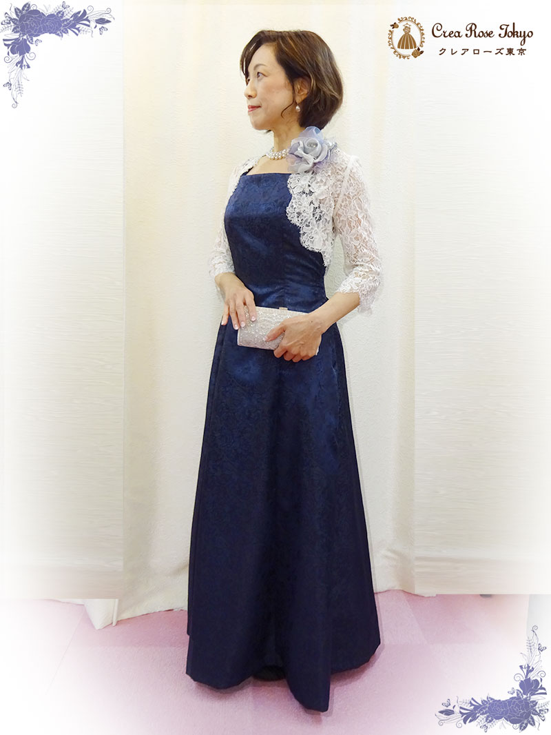 背の高いお母様に。美しいお母様必見 サイズ調整可能 人気のネイビーコーディネート2点セット【ミシェルネイビードレス＋ソフィーレースボレロ】オリジナル母親ドレス