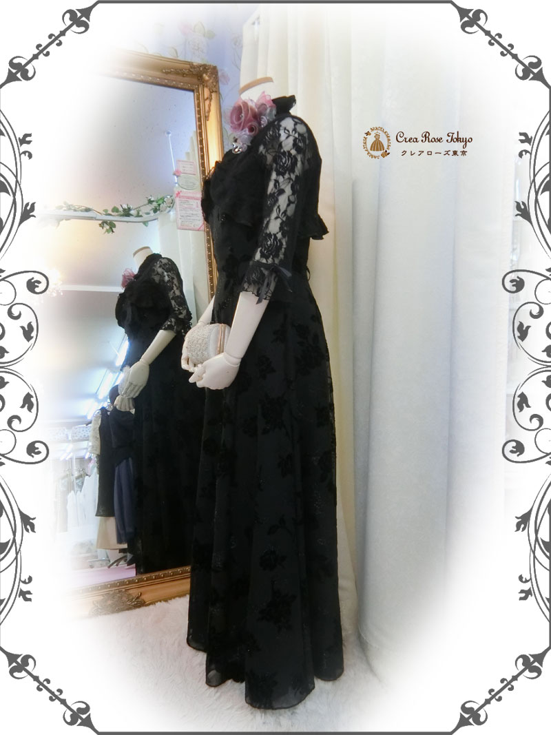 丈が短め、身長の低い方もきれいに着れる母親ドレス編み上げ7号~9号人気ド２点セット7号~9号[ドリームローザドレス+ブラックレースロングボレロ]