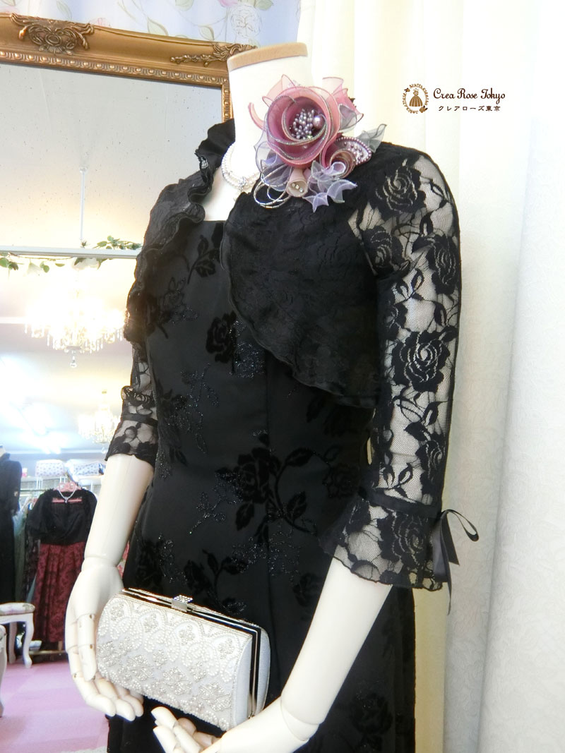 丈が短め、身長の低い方もきれいに着れる母親ドレス編み上げ7号~9号人気ド２点セット7号~9号[ドリームローザドレス+ブラックレースロングボレロ]