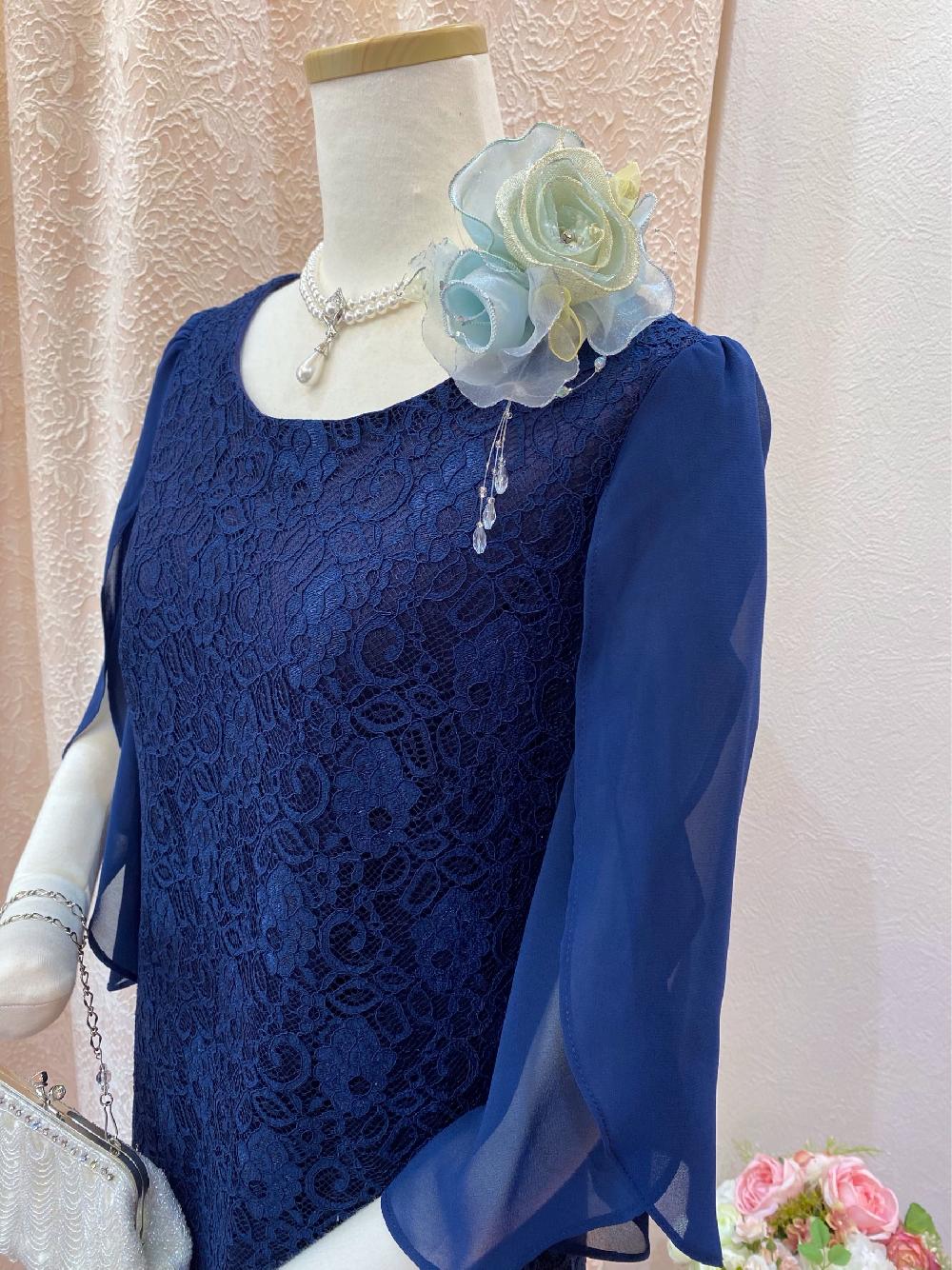 人気の一枚型ネイビードレス【ミッシュナードレス】２枚合わせの袖がエレガント