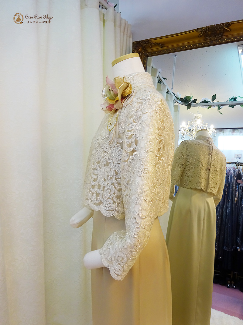 明るく輝く好印象ドレスアップ・スタイル【モナリクィーンドレス＋クラランスボレロ】30～70代の結婚式や格式高いパーティーに