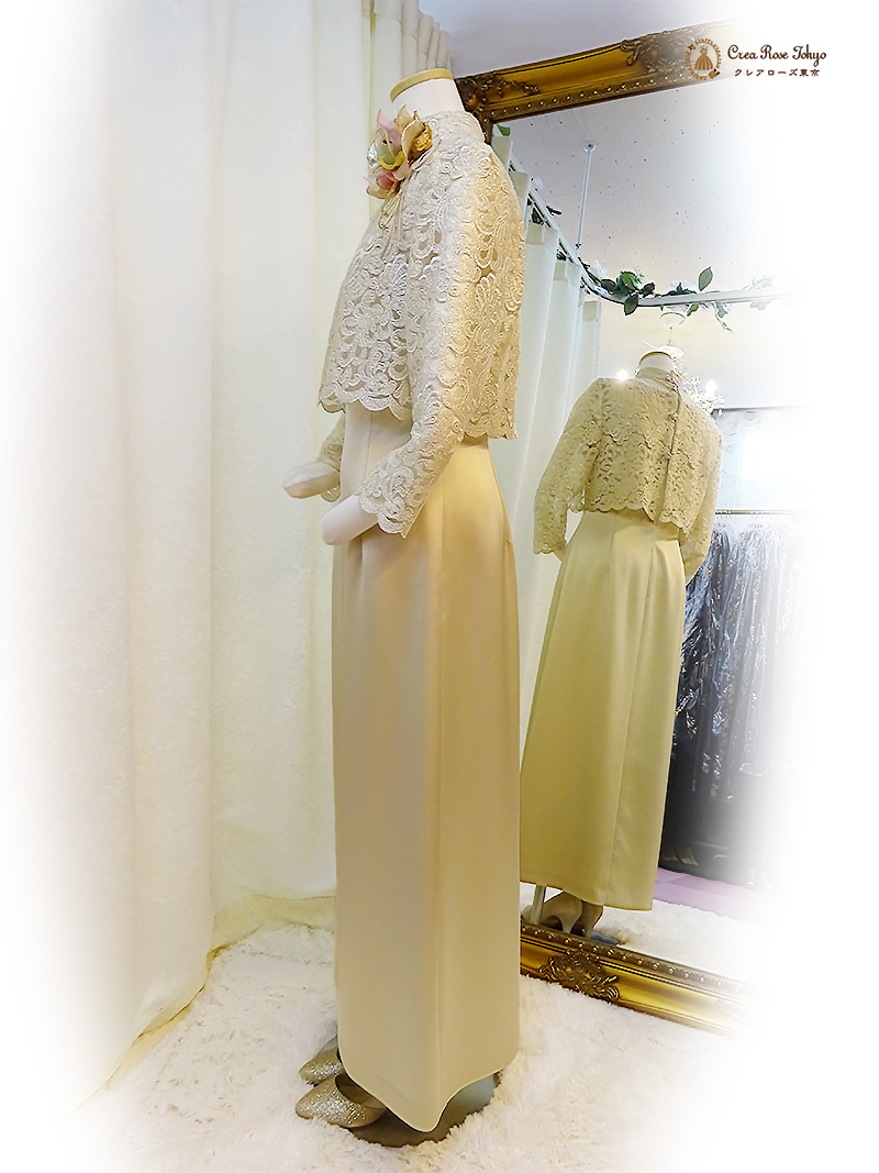 明るく輝く好印象ドレスアップ・スタイル【モナリクィーンドレス＋クラランスボレロ】30～70代の結婚式や格式高いパーティーに