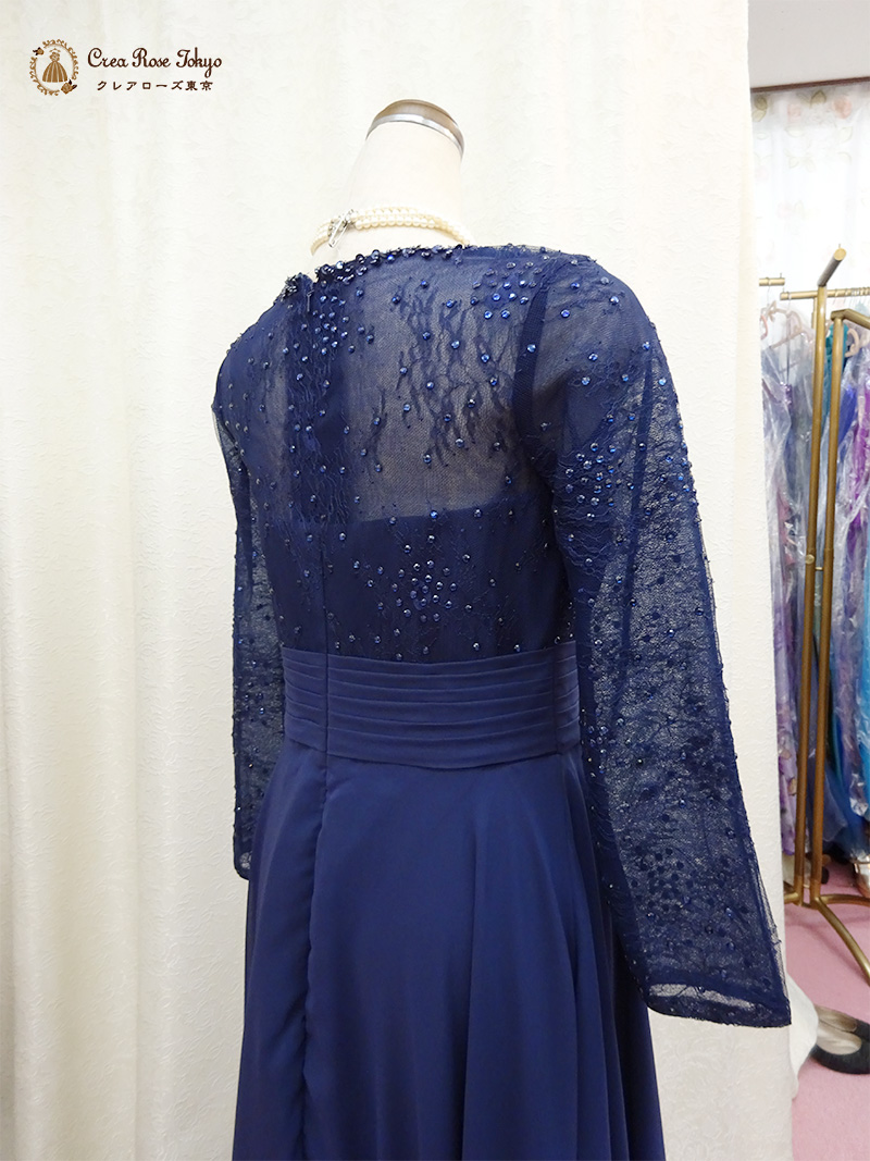 正礼装【ミルゼットネイビー】上質な袖ありレースのネイビー母親ロングドレス