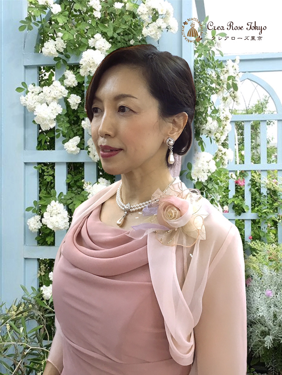 【エカテリーナドレス＋ソフトベールボレロ】2点セット/胸元のドレープが柔らかな印象のドレスコーディネート/優しいピンクの母親・ご親族ドレス