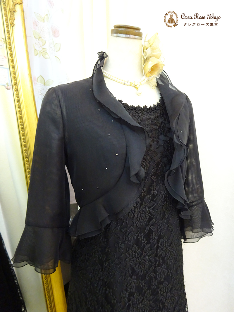 立体薔薇模様の編み上げドレス2点セット！【ミディパティオ＋ブラックベリカボレロジャケット】母親＆親族ドレス