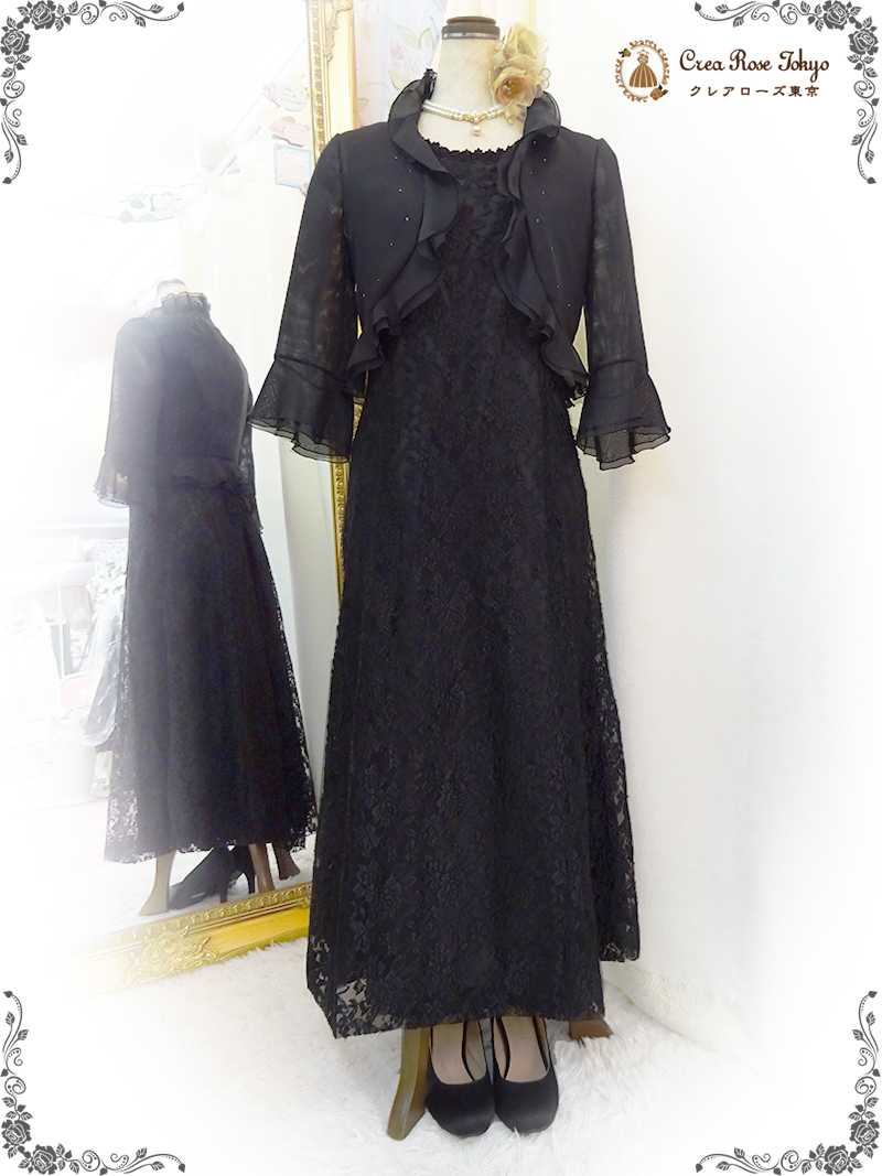 立体薔薇模様の編み上げドレス2点セット！【ミディパティオ＋ブラックベリカボレロジャケット】母親＆親族ドレス