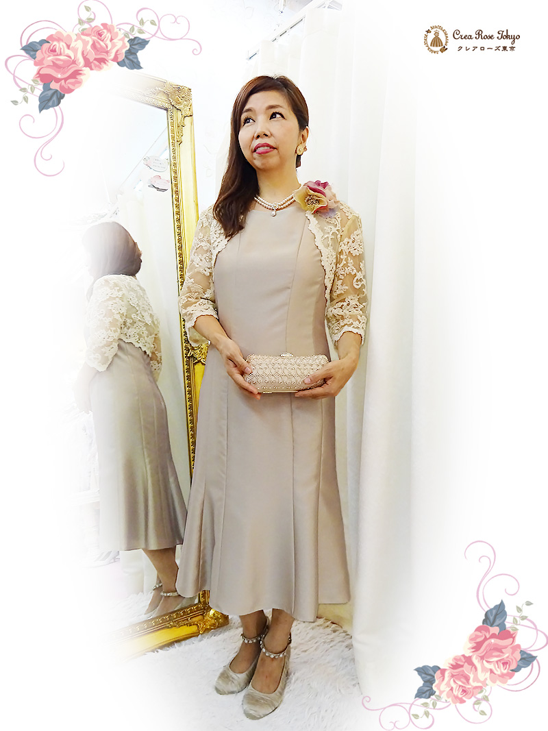 優美なシャンパン色のドレスと総レースボレロのセット【マキアドレス＋