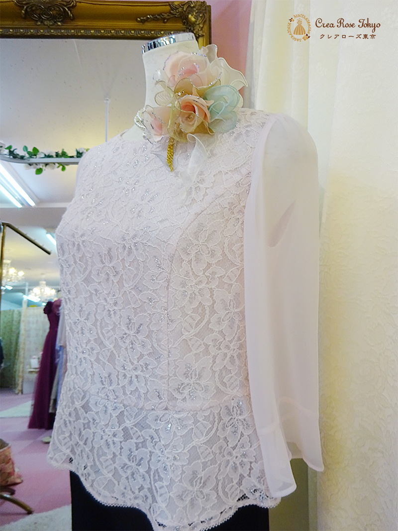 優しいピンクカラーブラウスの2点セット！【フォーマルスカート＋サファリナレースブラウス】ご親族様に