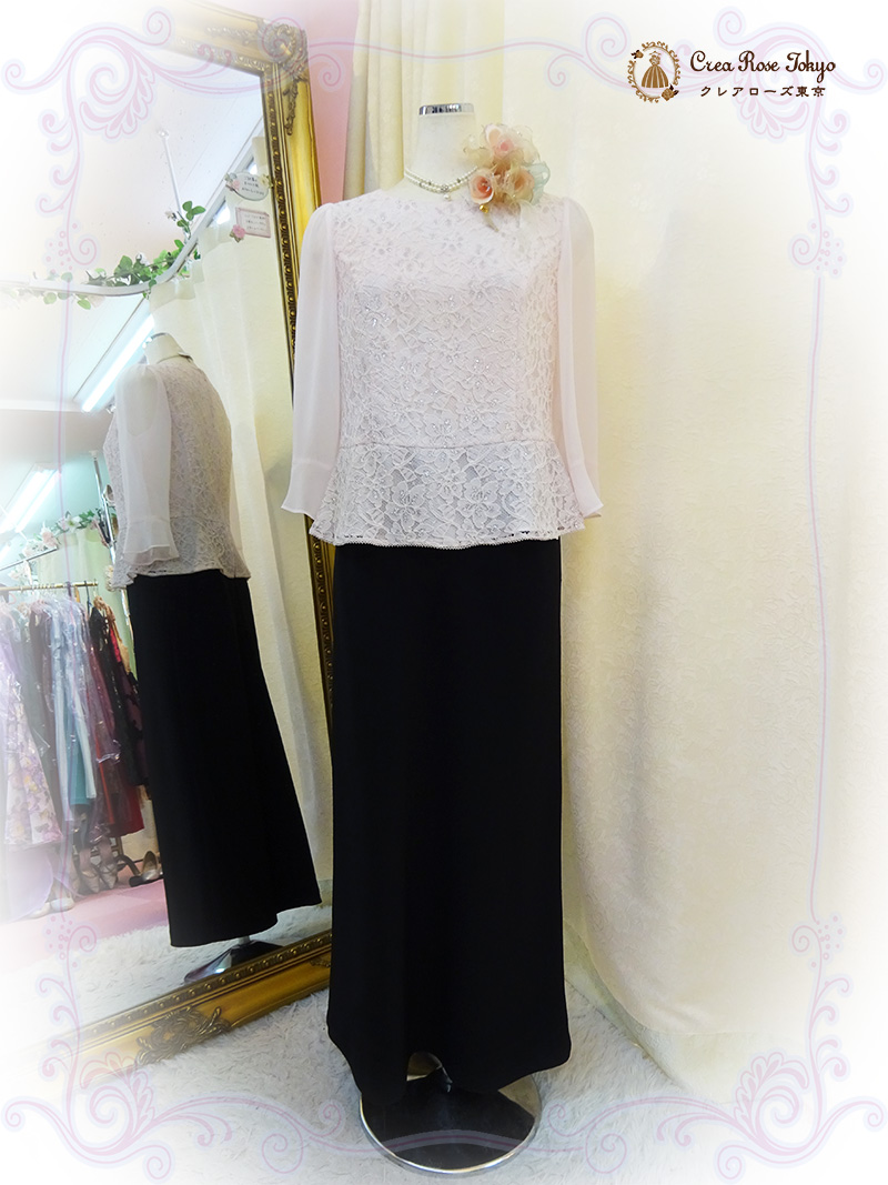 優しいピンクカラーブラウスの2点セット！【フォーマルスカート＋サファリナレースブラウス】ご親族様に