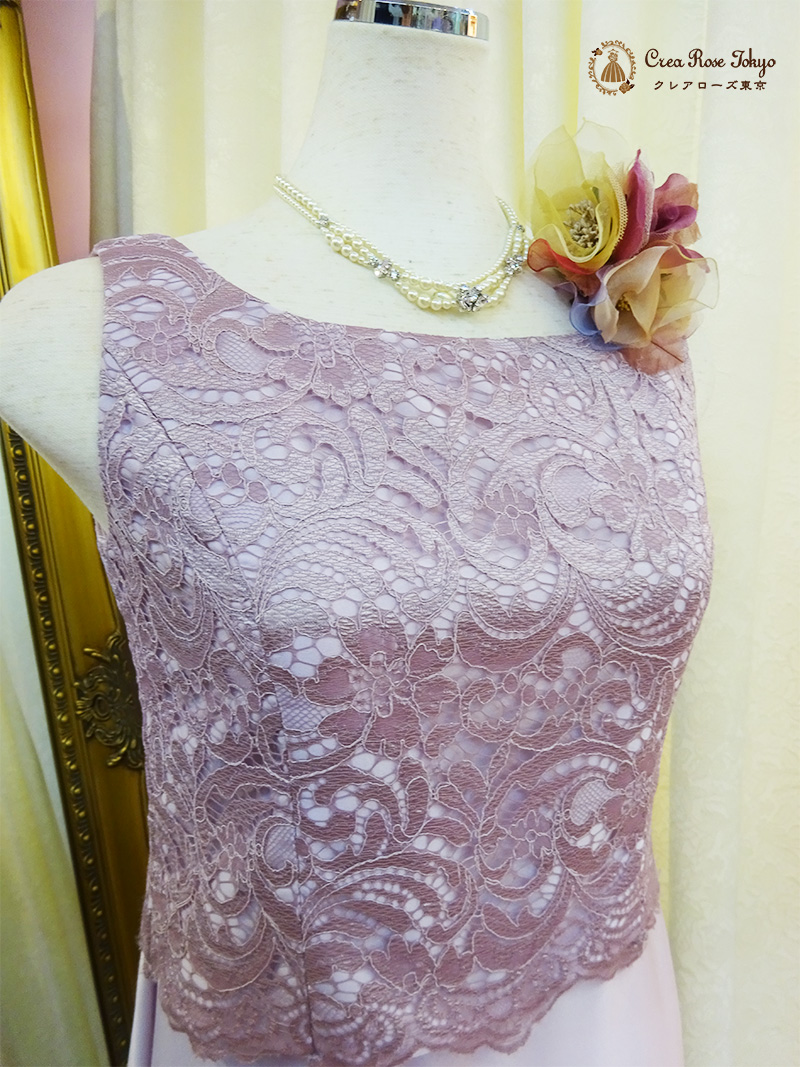 浅草本店　9〜11号の方、エレガントな薄紫にトップスの総レースが上質感あふれるロングドレス【ハーベルレーヌドレス】30〜40代の方の発表会やパーティーに