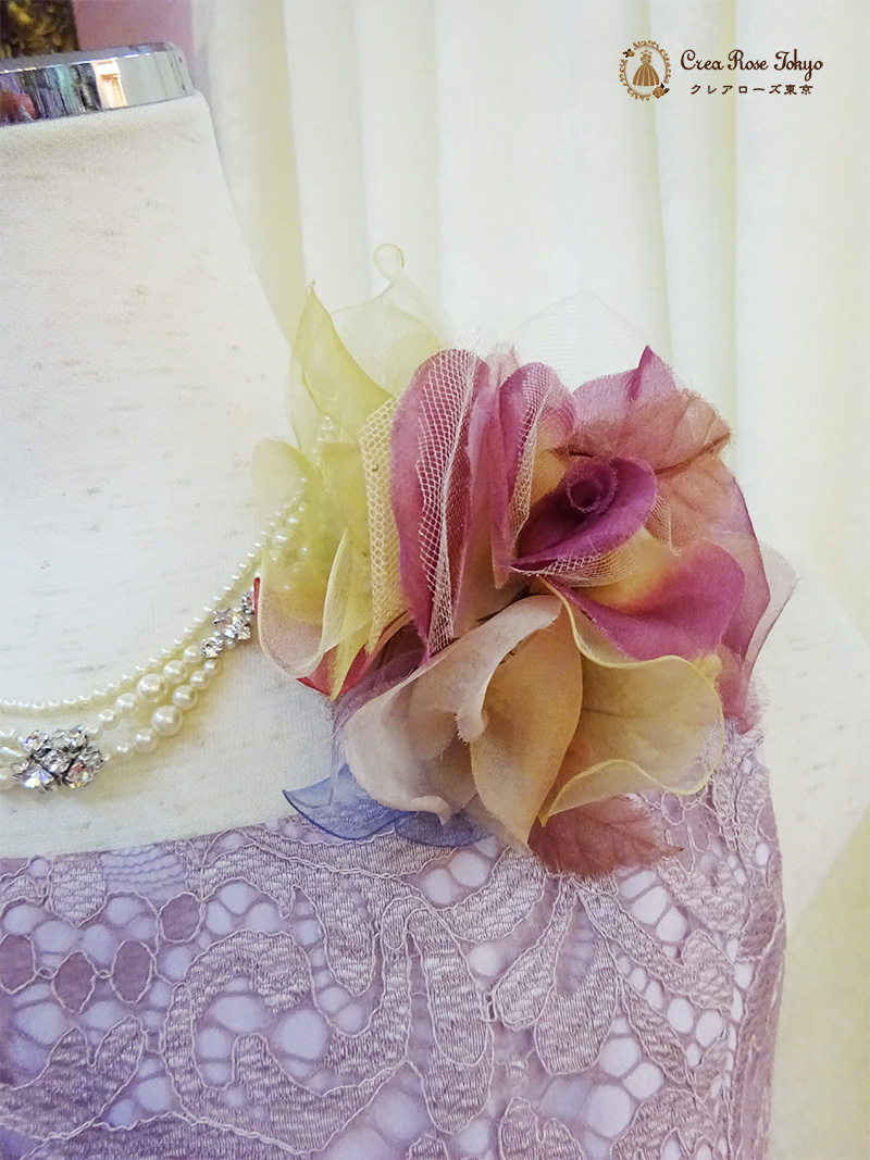 浅草本店　9〜11号の方、エレガントな薄紫にトップスの総レースが上質感あふれるロングドレス【ハーベルレーヌドレス】30〜40代の方の発表会やパーティーに