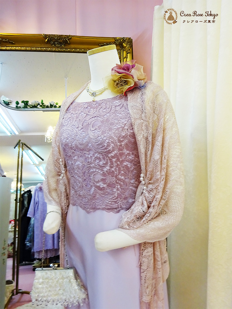 浅草本店　9〜11号の方、エレガントな薄紫にトップスの総レースが上質感あふれるロングドレス【ハーベルレーヌドレス】30〜40代の方の発表会やパーティーに