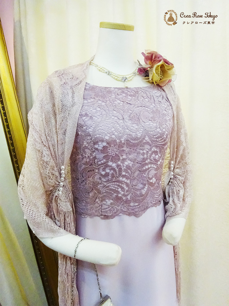 浅草本店　9〜11号の方、エレガントな薄紫にトップスの総レースが上質感あふれるロングドレス【ハーベルレーヌドレス】30〜40代の方の発表会やパーティーに