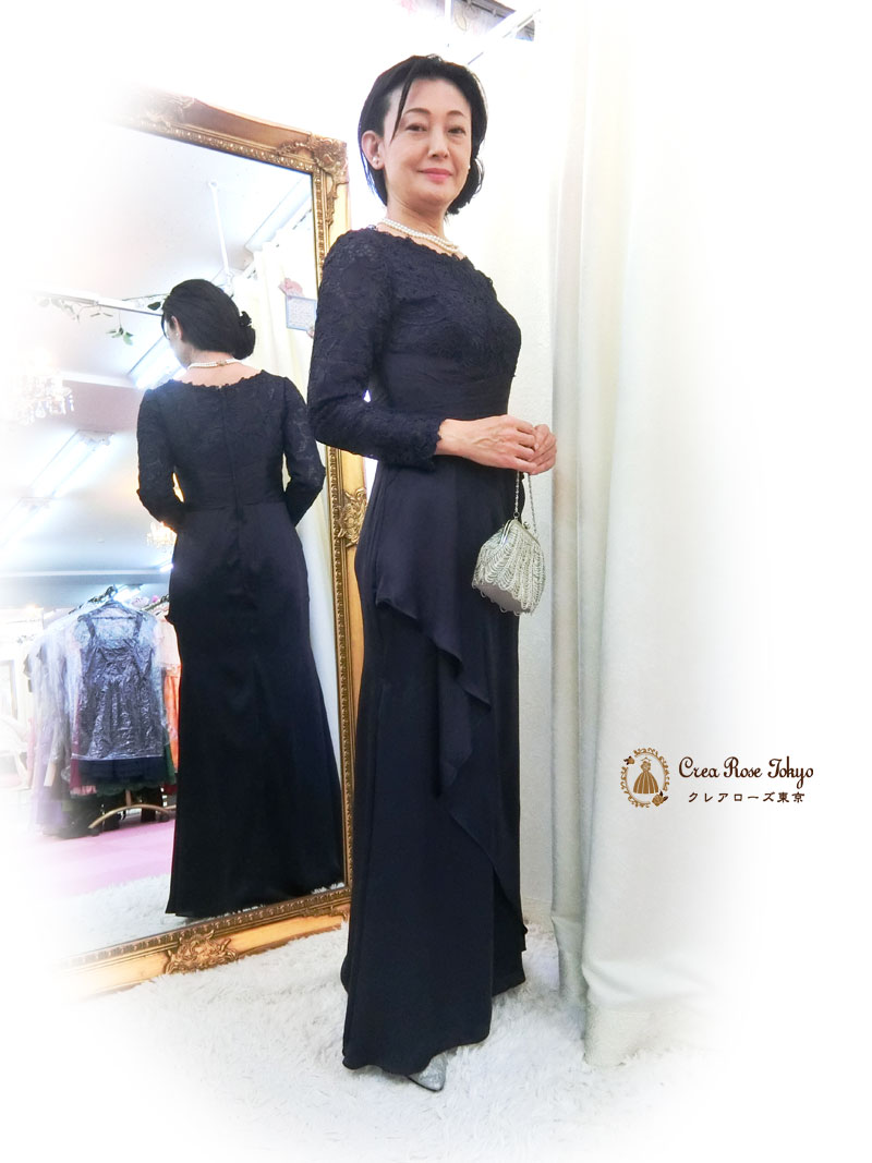 [アザレアドレス]Mサイズのお母さまに人気のネイビー！レースの袖が上品なマーメイドサテンドレス