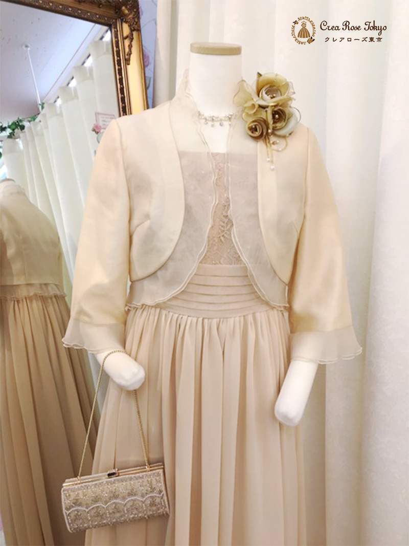 華やかなお母様に！肌馴染みの良いクリームカラーコーディネート2点セット！【ヨハンナ・クリスティドレス＋ベージュミアジャケット】マザーズドレス