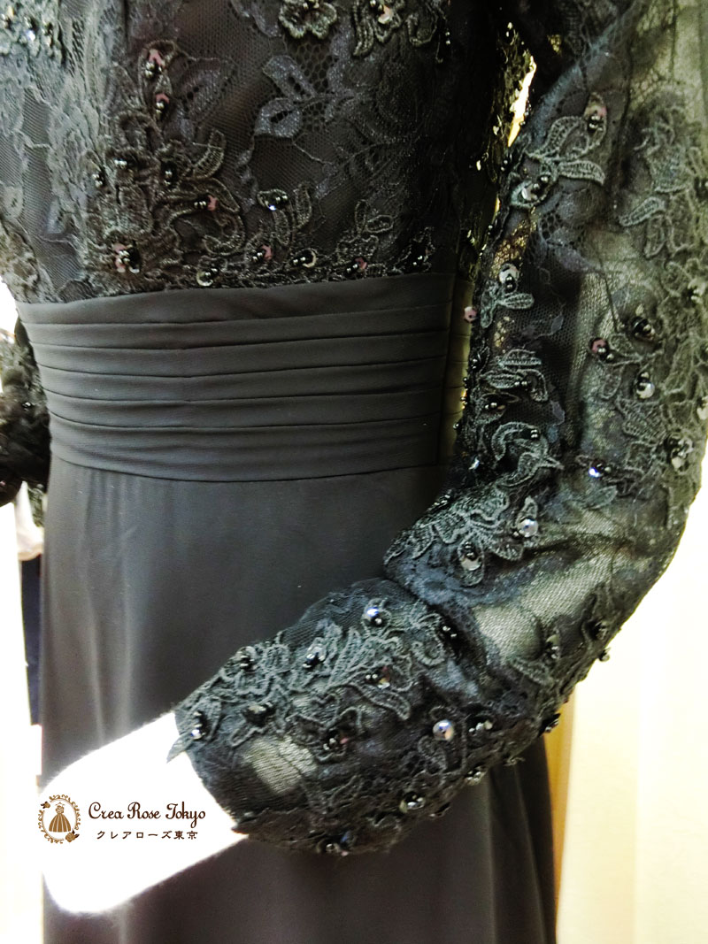 正礼装[ミルゼットブラック]上質な袖ありレースのブラックロングドレス