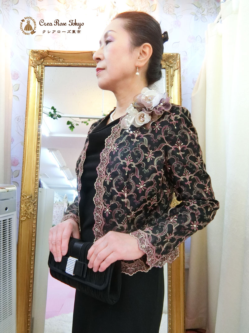 叔母様、祖母様向けコーディネート二点セット！[ラフィーネ+アルケミジャケット]上品＆エレガントなブラックドレス