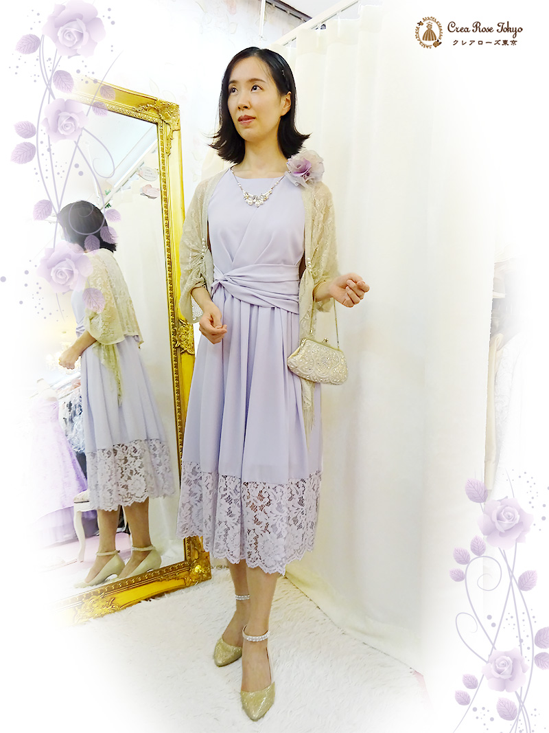 9〜11号の方、淡いパープルのミディアムドレスと黄金のショールで神秘的な美・付属ネックレスとの3点セット【パープリッシュドレス＋ジュディショールゴールド】30〜40代の方の発表会やパーティーに