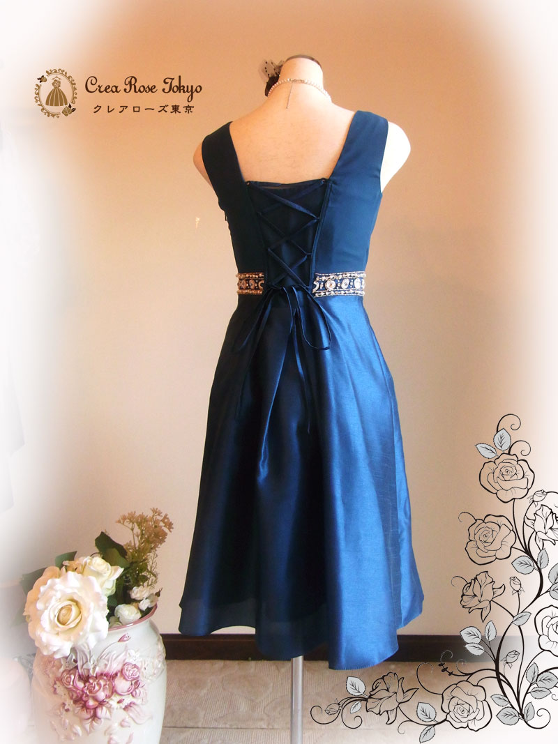 [ジョアン]上品シャンタンブルーグリーンパーティードレス　Ｍ～Ｌサイズ