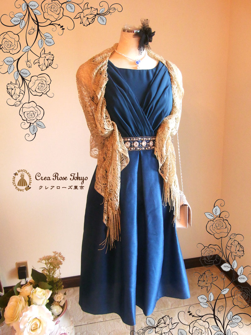 [ジョアン]上品シャンタンブルーグリーンパーティードレス　Ｍ～Ｌサイズ