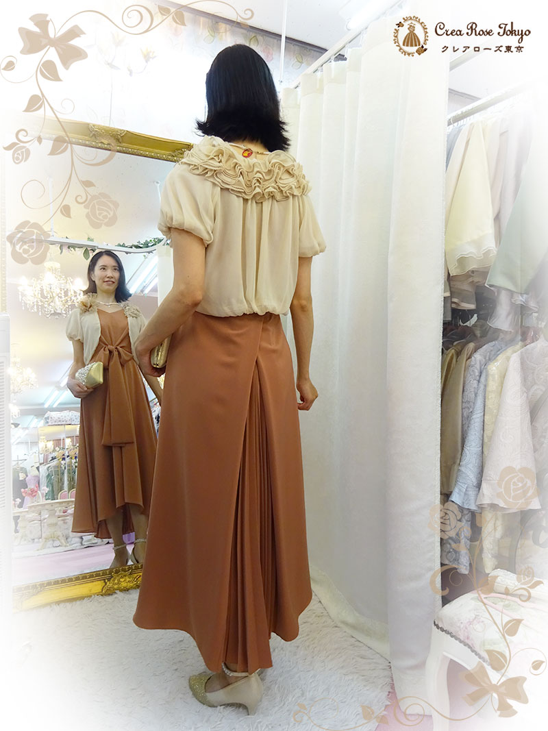 高身長の方におすすめ！オレンジのロングミディアムドレスとクリームカラーボレロのセット【パトリーヌドレス＋ダンテボレロクリーム】30〜50代の結婚式やパーティーに