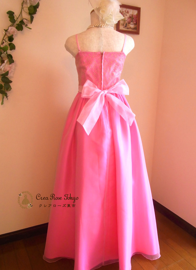 R20128■Carule 衣装　ロングドレス　ピンク　オーガンジー　フリル　9号 ANGEL カラードレス 肌透け ラメ チュール ベロア