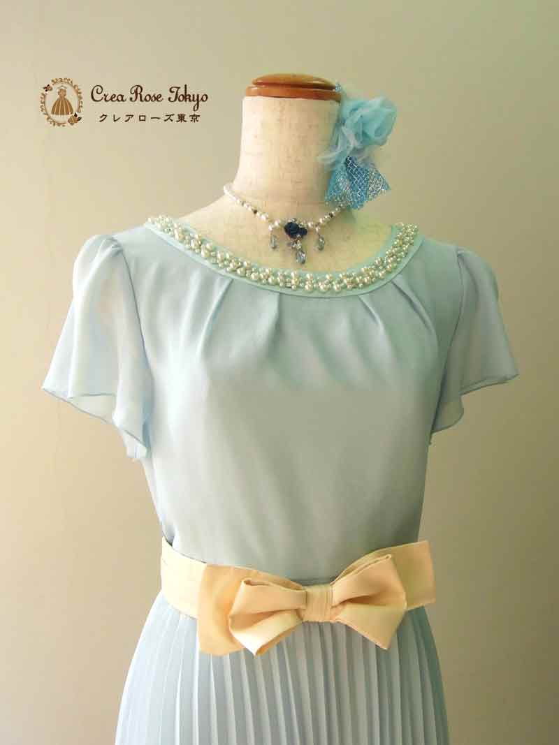 [シャーベットブルー]清楚なプリーツスカートのワンピースドレス画像