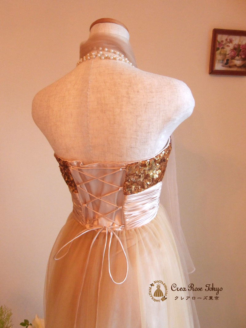 [クレアージュ]ロングシャインベージュドレス　M～L　謝恩会、ステージ向け