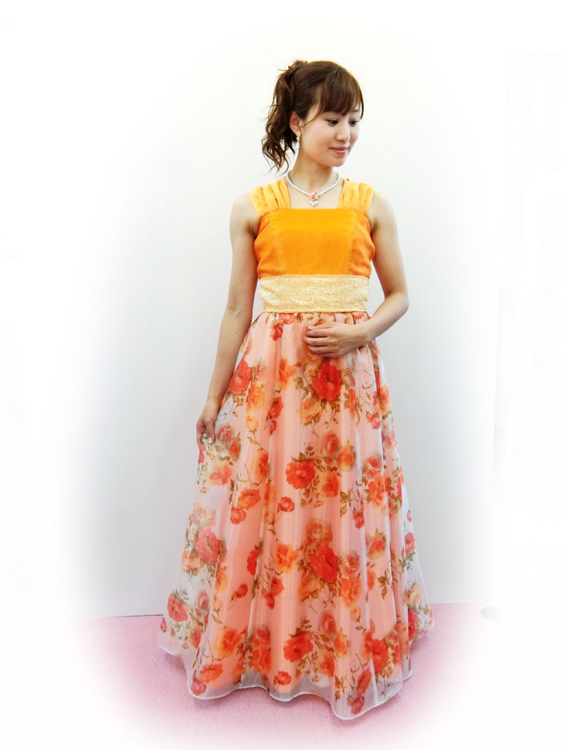 [フランメリー]当店オリジナル♪明るく華やかオレンジ花柄ロングドレス画像