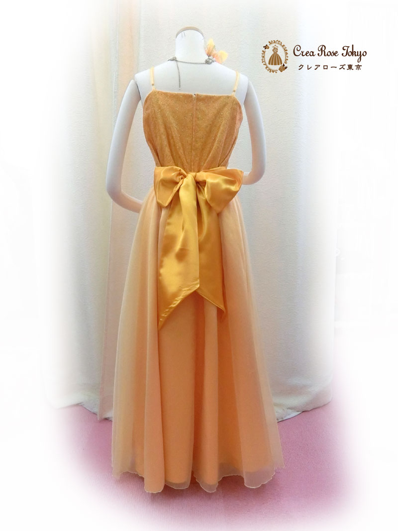 短めオリジナルロングドレス[カレン]オレンジ色で華やかなロングドレス画像