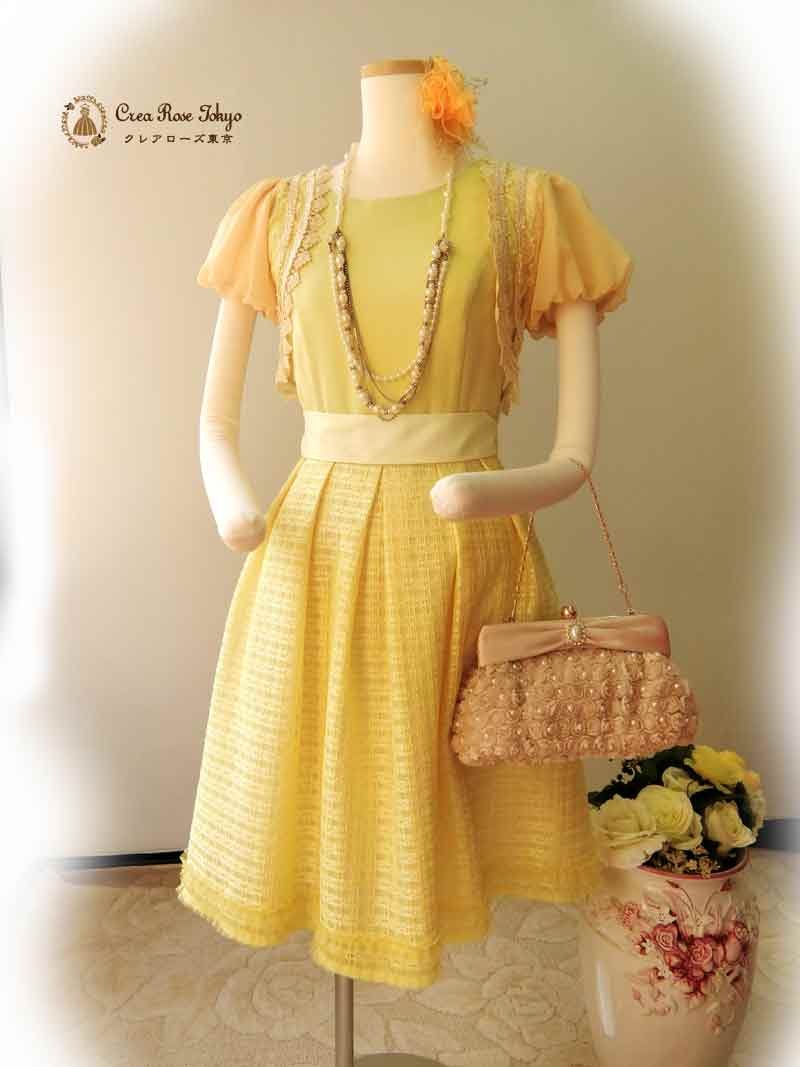 [メヌエット]パステルイエローの清楚系ワンピースドレス