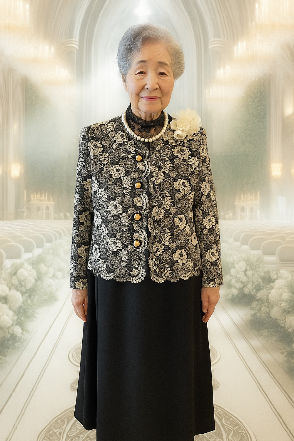 13〜１５号ゆったりサイズの叔母様・祖母様ドレス【サンテ・クワイエ＋ナディエルクラシカジャケット＋ブラックネックヴェール】親族の結婚式にも最適♩