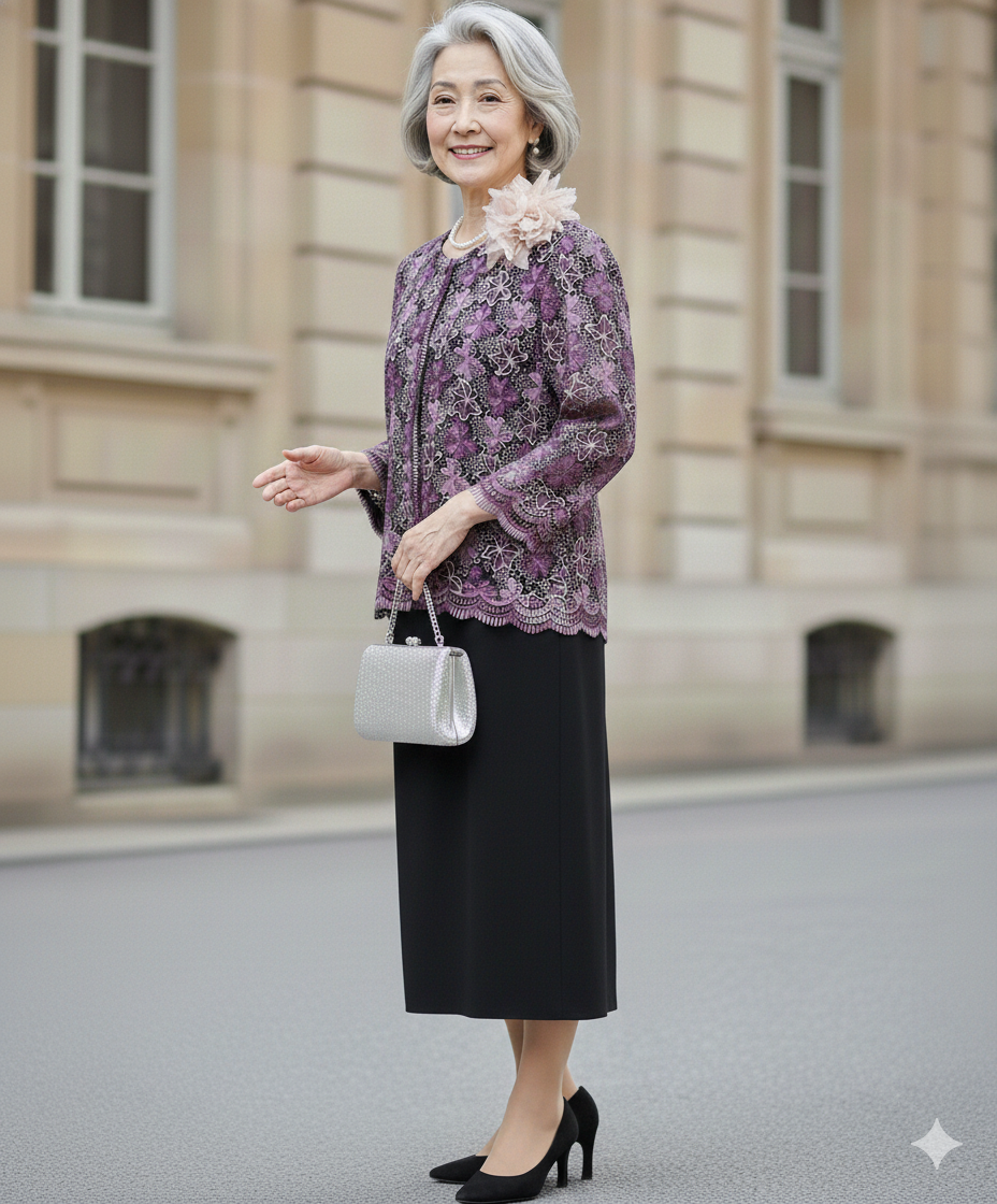 11〜１３号、お祖母様フォーマルドレスおばあちゃん結婚式衣装【サンテ•クワイエ+ラベンダーリーフジャケット】50代60代70代80代親族の結婚式やパーティーにも♩