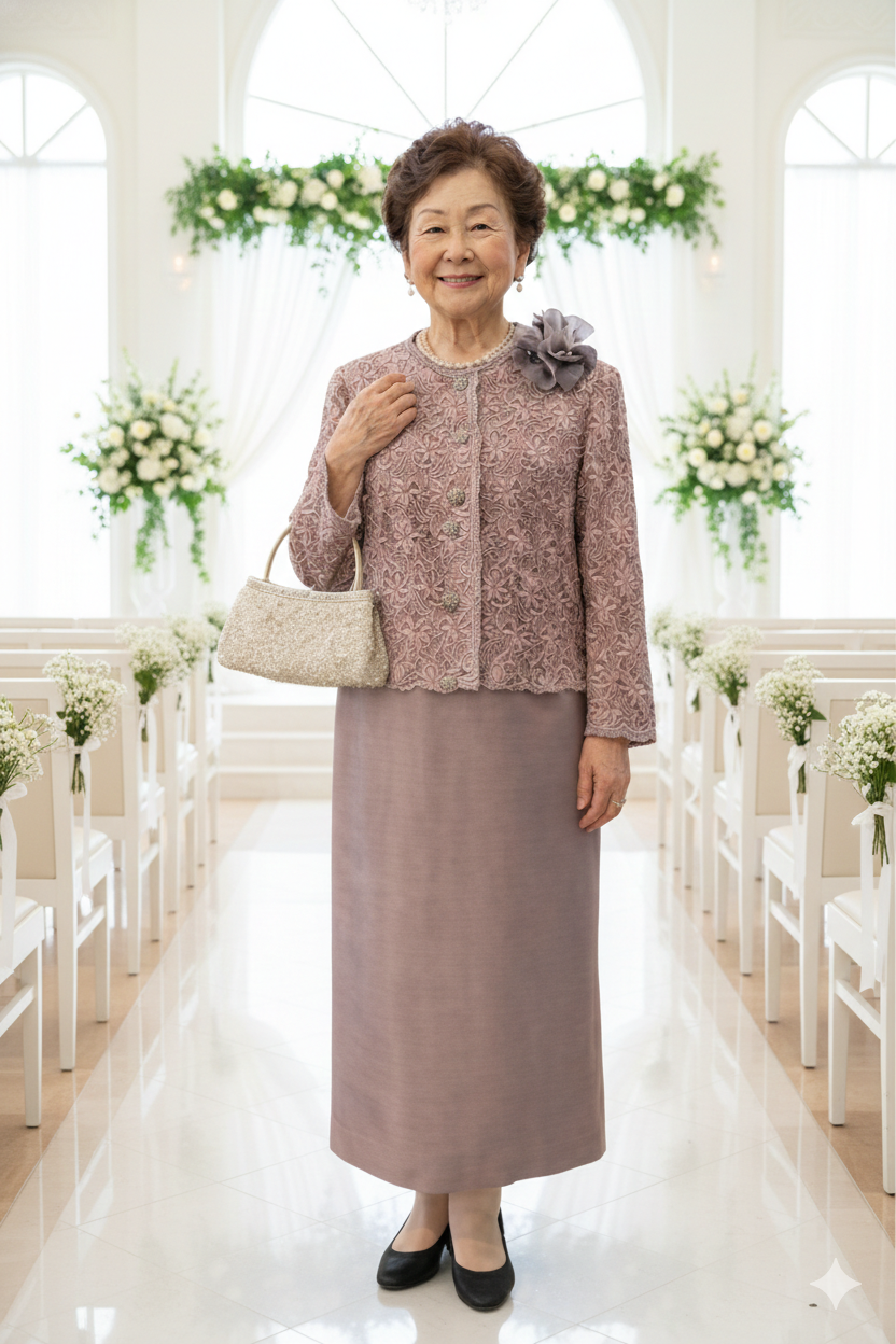 9〜１３号、各種、大切な日を優雅に彩る格式高い祖母様フォーマルドレス【ルシードルレースドレス+フランソワピンクジャケット】40代50代親族の結婚式やパーティーにも♩