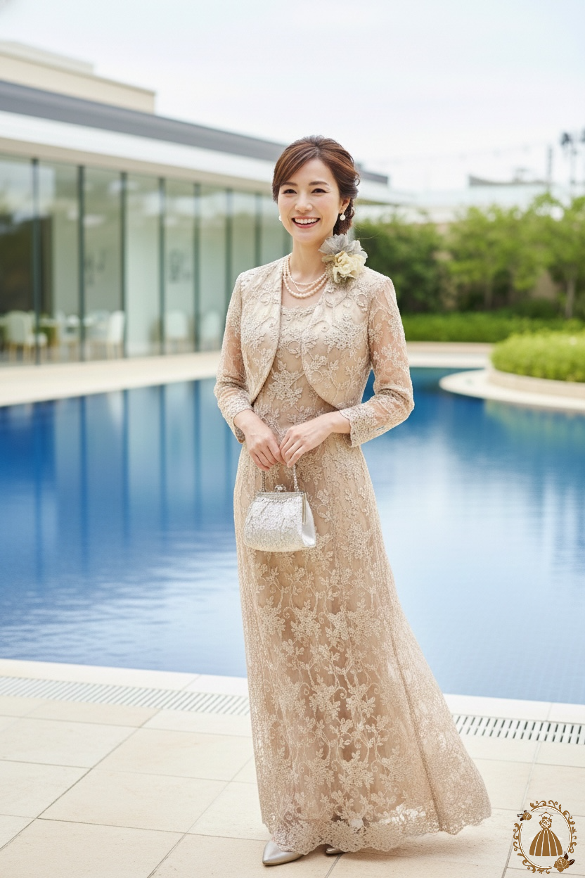 全店舗 高級マザードレスに人気のゴールドベージュ系ドレス【マリアジェンヌドレス＋ボレロ】女性らしさと品の良さを追求したオリジナル正礼装　母親高級ドレス