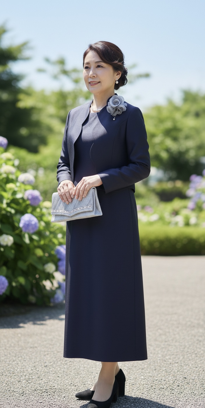結婚式、入学式、卒業式、ミセスのフォーマルレンタル！[スナイデルドレス+スナイデルジャケット]ネイビーの品のあるロングミディアムドレス