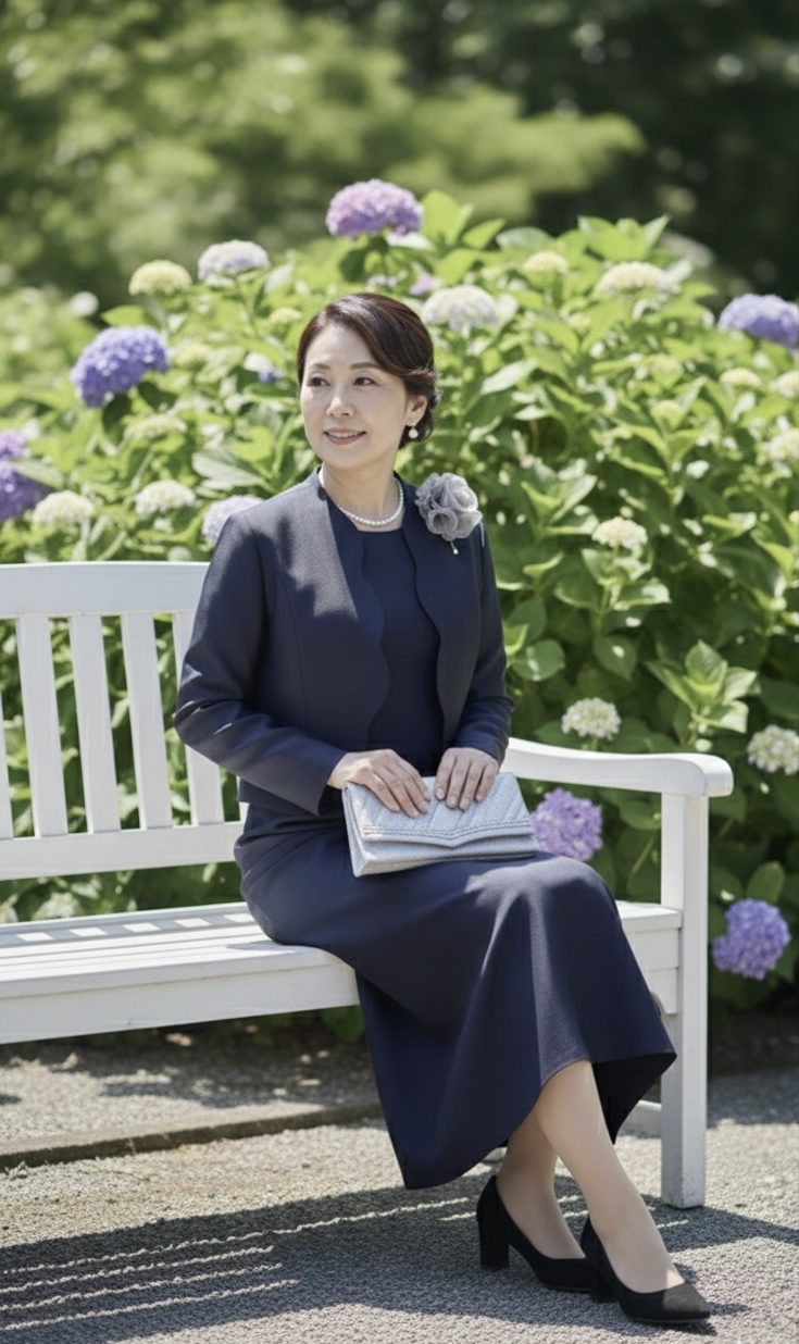 結婚式、入学式、卒業式、ミセスのフォーマルレンタル！[スナイデルドレス+スナイデルジャケット]ネイビーの品のあるロングミディアムドレス