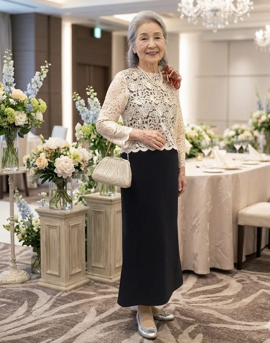 (販売可能)小柄で細いおばあちゃんの衣装　クレアローズ オリジナルドレス　Sサイズ製作オーダーまたはレンタル【アグネス・クラランスドレス】品良く着心地も良いシニア様の為のドレス　ご親族の結婚式などのパーティー