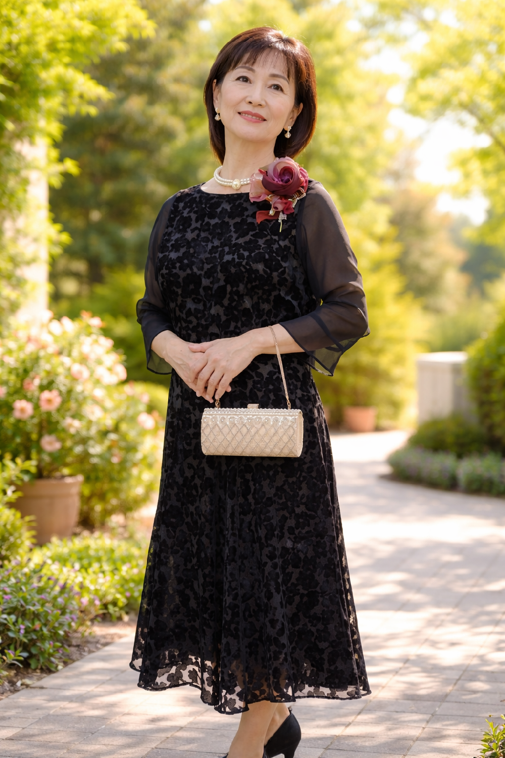 9〜11号の方、袖付きでゆったり着られるキュートな淑女ドレス【マルティーナレディドレス】叔母さまやご親族様に